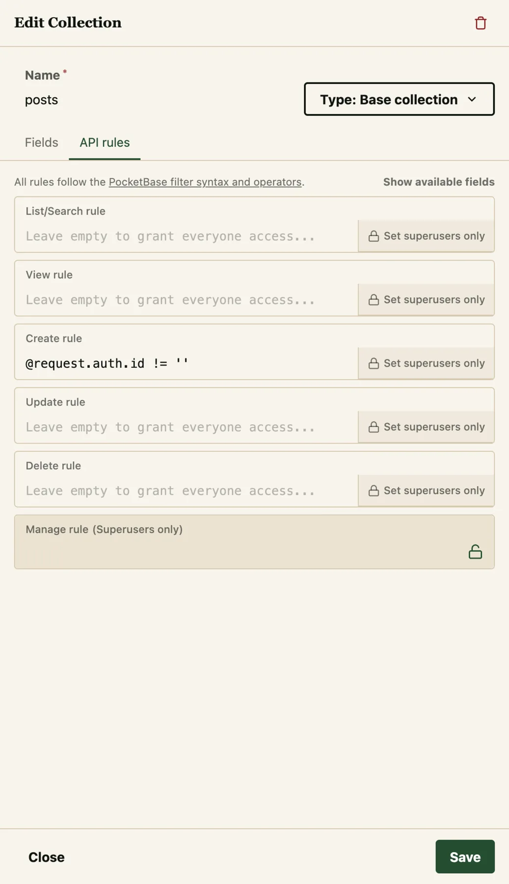 Lazypock Studio API rules tab with per-action access rules