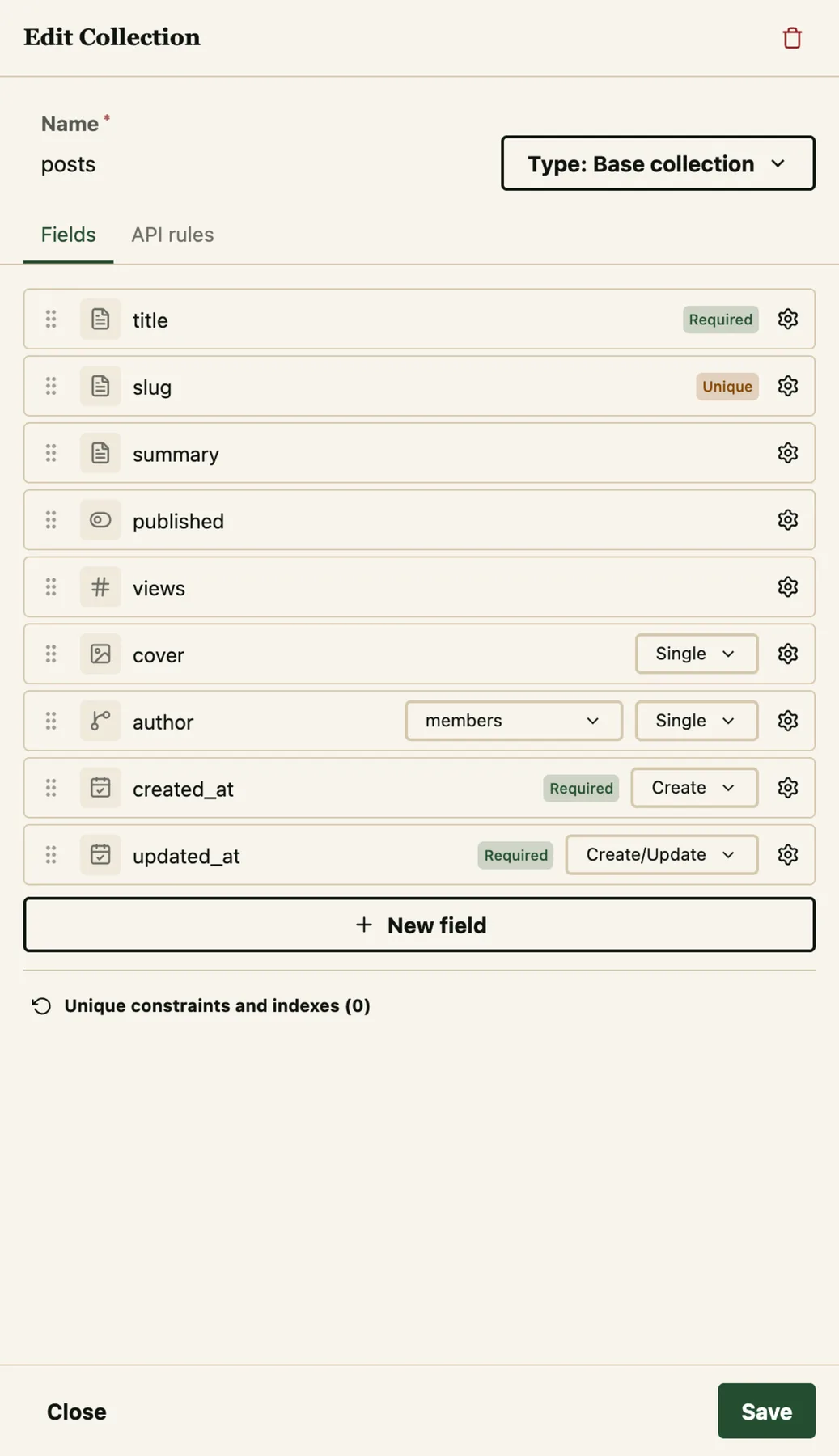 Lazypock Studio schema editor listing the fields of the posts collection