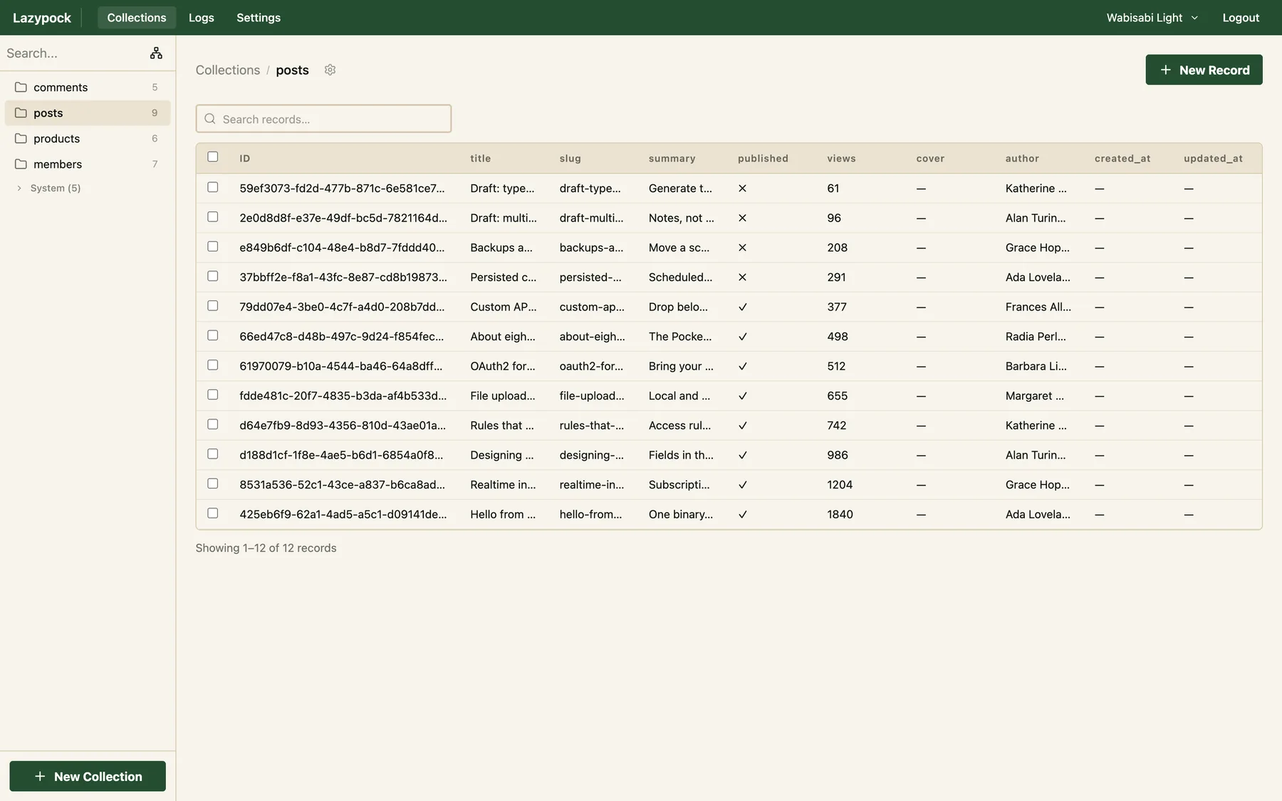 Lazypock Studio record browser showing the posts collection